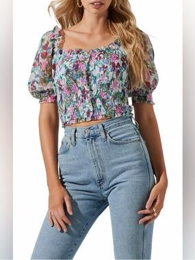 Astr Floral Smocked Crop Top in Pink and Green